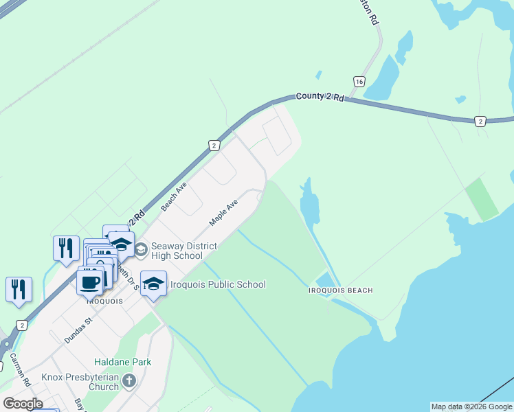 map of restaurants, bars, coffee shops, grocery stores, and more near 26 Lakeview Street in Iroquois