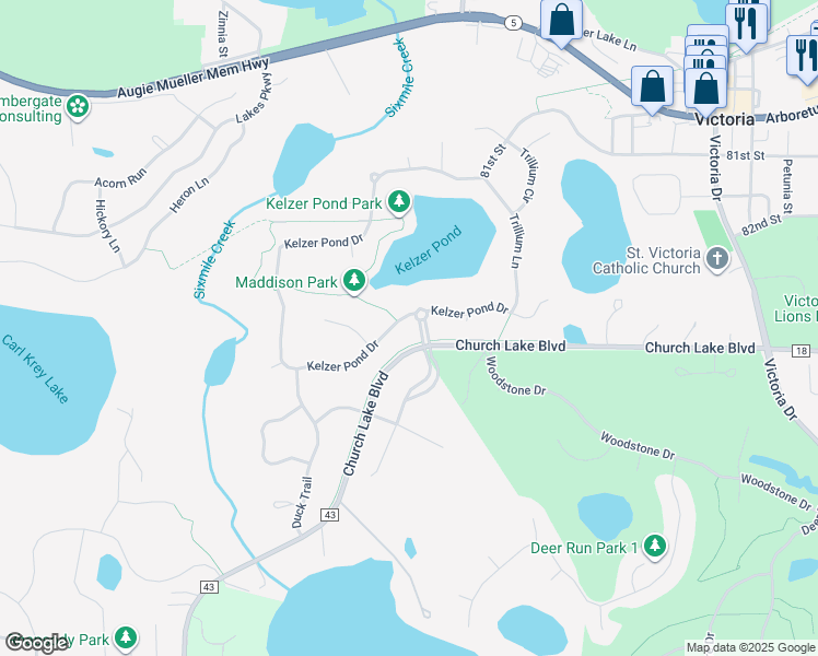 map of restaurants, bars, coffee shops, grocery stores, and more near 8495 Kelzer Pond Drive in Victoria