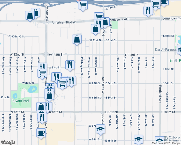map of restaurants, bars, coffee shops, grocery stores, and more near 8313 Wentworth Avenue South in Bloomington