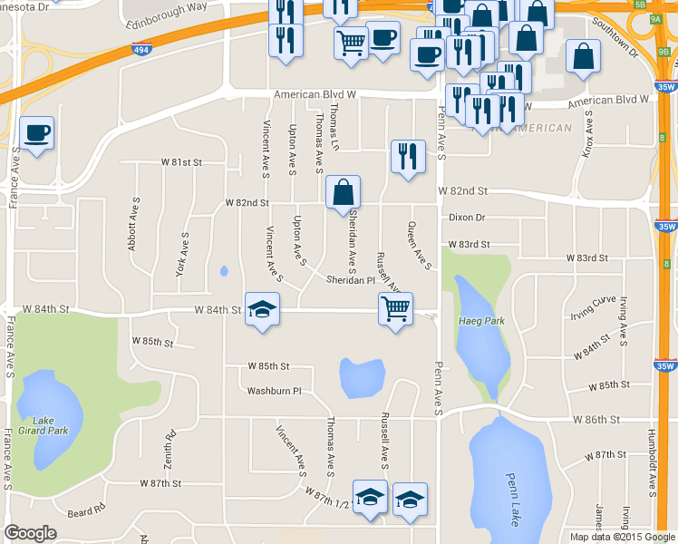 map of restaurants, bars, coffee shops, grocery stores, and more near 2612 Sheridan Place in Minneapolis