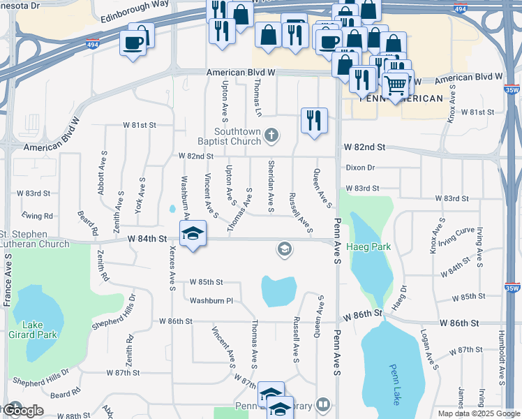 map of restaurants, bars, coffee shops, grocery stores, and more near 2612 Sheridan Place in Minneapolis