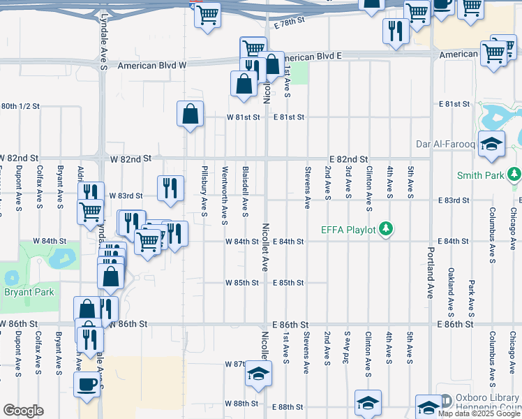 map of restaurants, bars, coffee shops, grocery stores, and more near 8312 Nicollet Avenue in Minneapolis