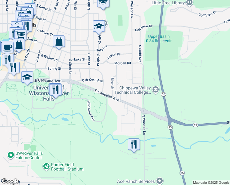 map of restaurants, bars, coffee shops, grocery stores, and more near 548 Birch St in River Falls