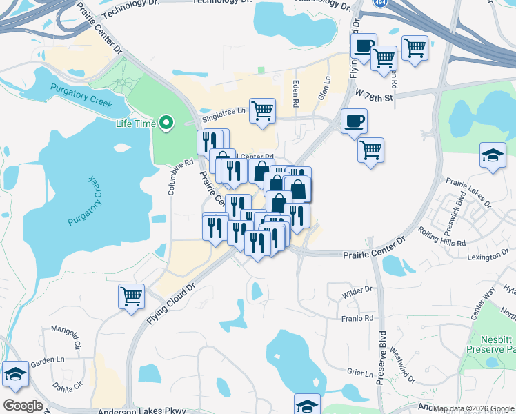 map of restaurants, bars, coffee shops, grocery stores, and more near 8340 Crystal View Road in Eden Prairie
