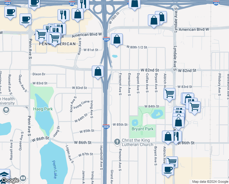 map of restaurants, bars, coffee shops, grocery stores, and more near 8320 Fremont Avenue South in Minneapolis