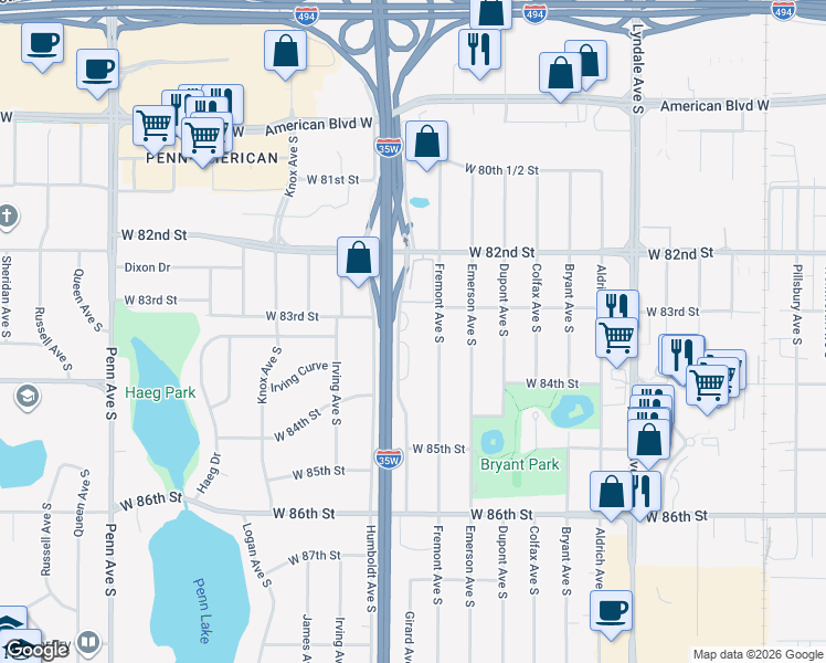 map of restaurants, bars, coffee shops, grocery stores, and more near 8320 Fremont Avenue South in Minneapolis