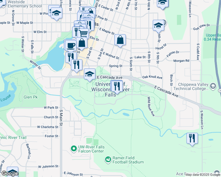 map of restaurants, bars, coffee shops, grocery stores, and more near 410 South 3rd Street in River Falls