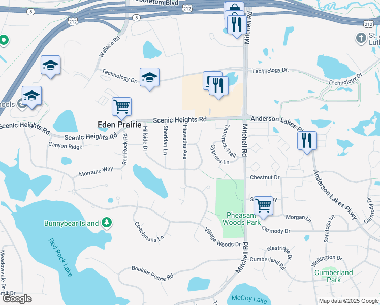 map of restaurants, bars, coffee shops, grocery stores, and more near 8307 Hiawatha Avenue in Eden Prairie