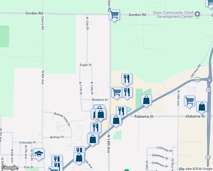map of restaurants, bars, coffee shops, grocery stores, and more near 1341 North 14th Avenue in Sturgeon Bay