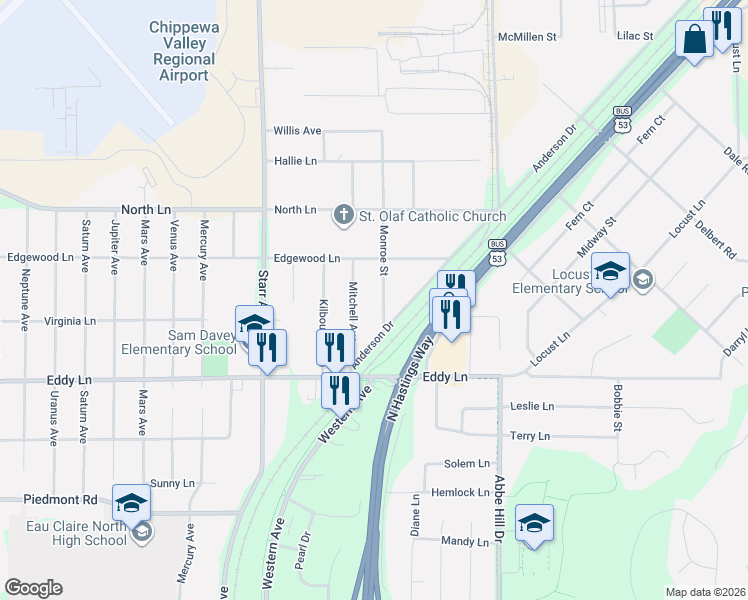 map of restaurants, bars, coffee shops, grocery stores, and more near 3123 Monroe Street in Eau Claire