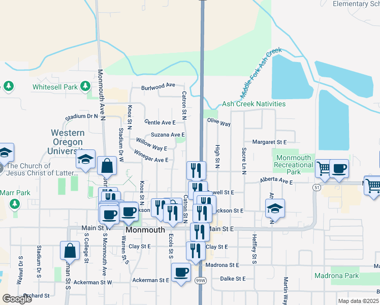 map of restaurants, bars, coffee shops, grocery stores, and more near 501 Catron Street North in Monmouth