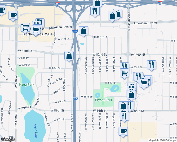 map of restaurants, bars, coffee shops, grocery stores, and more near 8315 Fremont Avenue South in Minneapolis