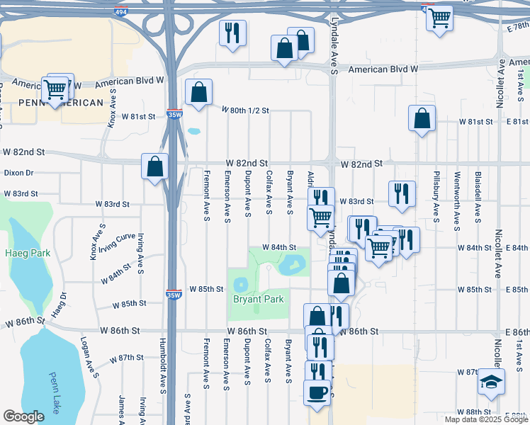 map of restaurants, bars, coffee shops, grocery stores, and more near 8314 Colfax Avenue South in Minneapolis