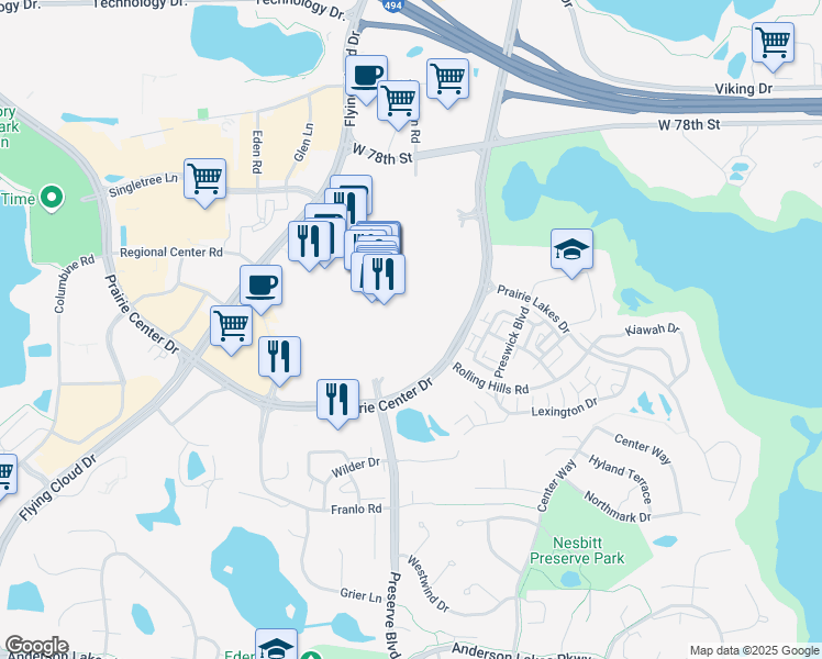 map of restaurants, bars, coffee shops, grocery stores, and more near 450 Prairie Center Drive in Eden Prairie