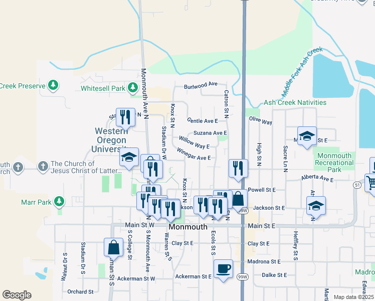 map of restaurants, bars, coffee shops, grocery stores, and more near 236 Winegar Avenue East in Monmouth