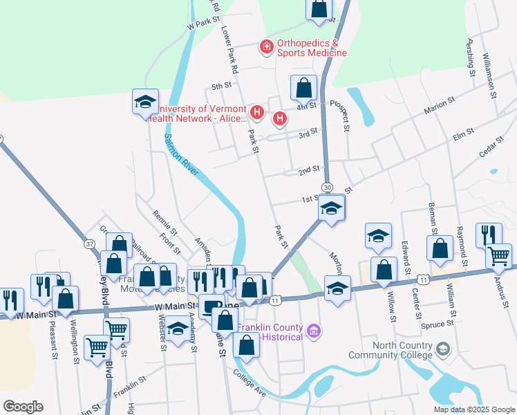 map of restaurants, bars, coffee shops, grocery stores, and more near 56 Park St in Malone