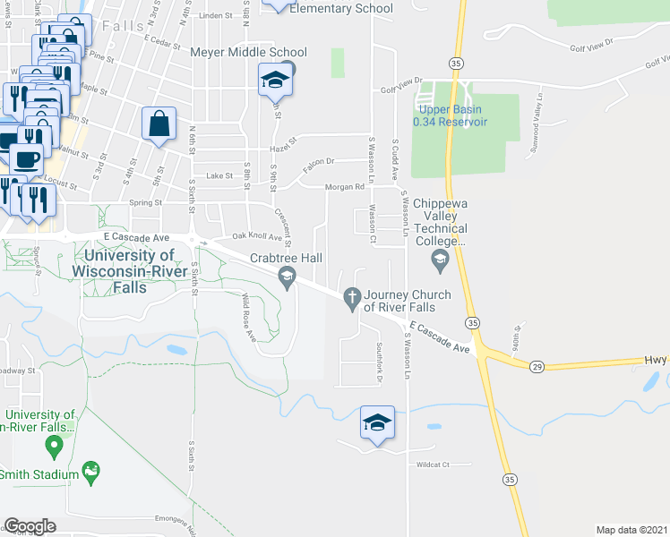 map of restaurants, bars, coffee shops, grocery stores, and more near 548 Birch Street in River Falls