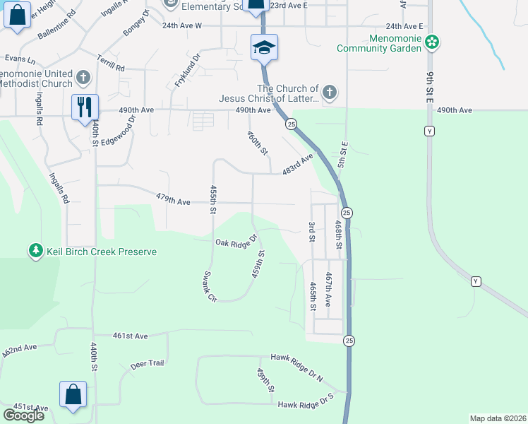 map of restaurants, bars, coffee shops, grocery stores, and more near E4612 479th Avenue in Menomonie
