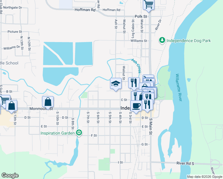 map of restaurants, bars, coffee shops, grocery stores, and more near 488 South B Street in Independence