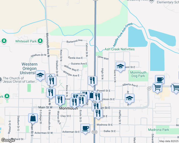 map of restaurants, bars, coffee shops, grocery stores, and more near 501 Catron Street North in Monmouth