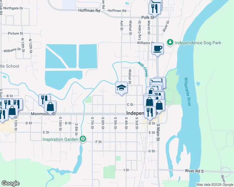 map of restaurants, bars, coffee shops, grocery stores, and more near 488 South B Street in Independence