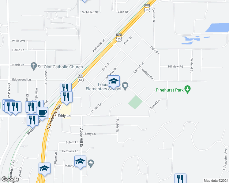 map of restaurants, bars, coffee shops, grocery stores, and more near 3218 Locust Lane in Eau Claire