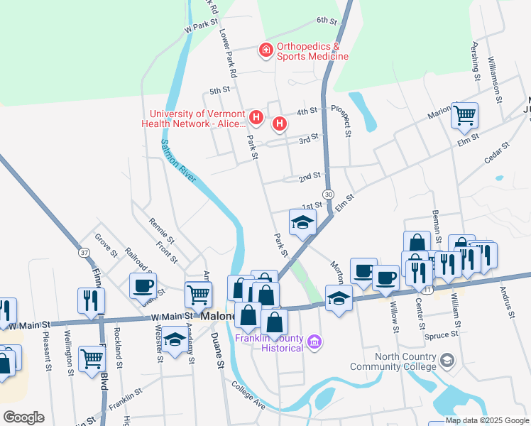 map of restaurants, bars, coffee shops, grocery stores, and more near 56 Park Street in Malone