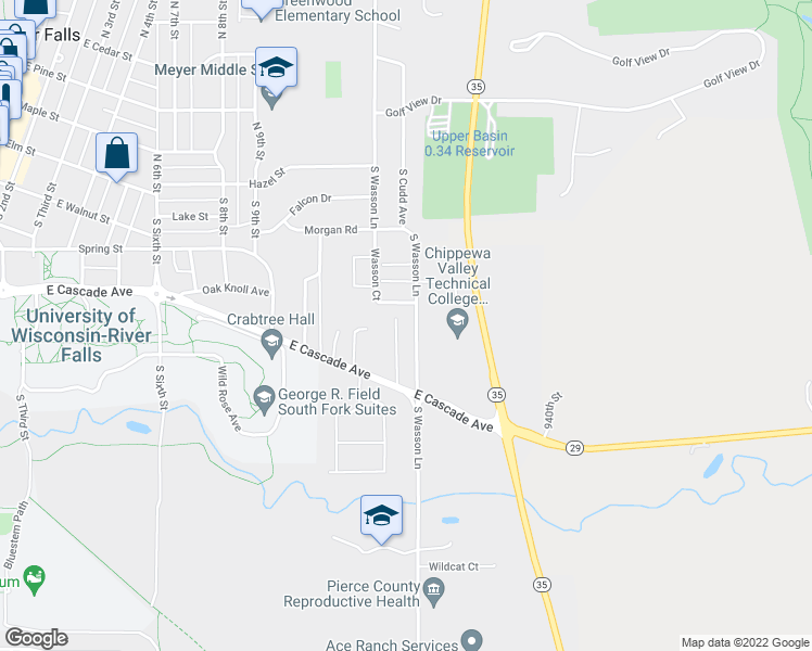 map of restaurants, bars, coffee shops, grocery stores, and more near 1077 East Cascade Avenue in River Falls