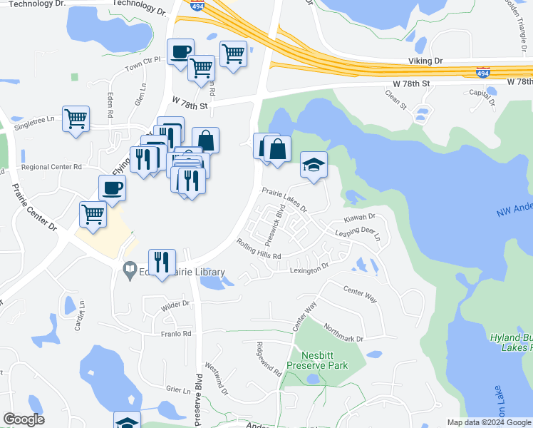 map of restaurants, bars, coffee shops, grocery stores, and more near 8304 Townsend Drive in Eden Prairie