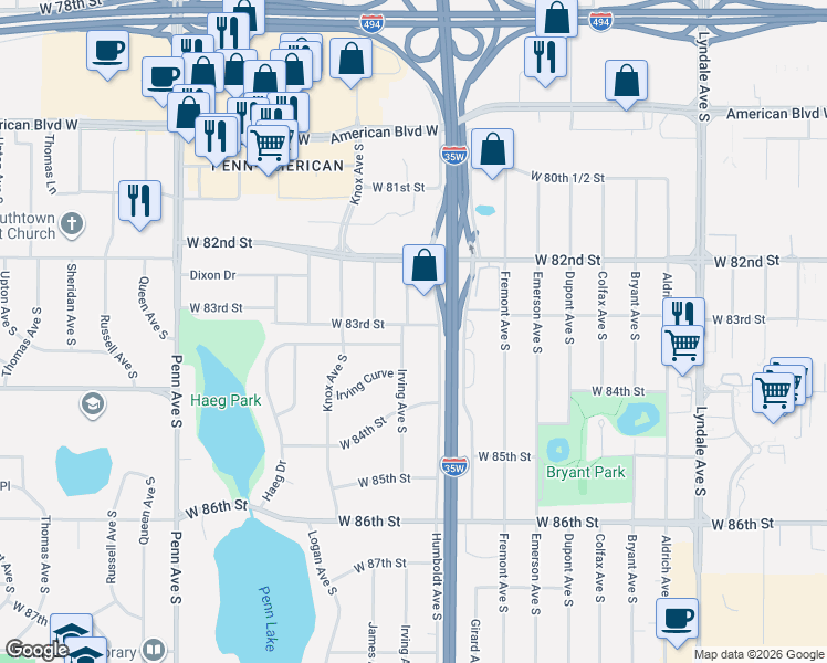 map of restaurants, bars, coffee shops, grocery stores, and more near 1600 Haeg Drive in Bloomington