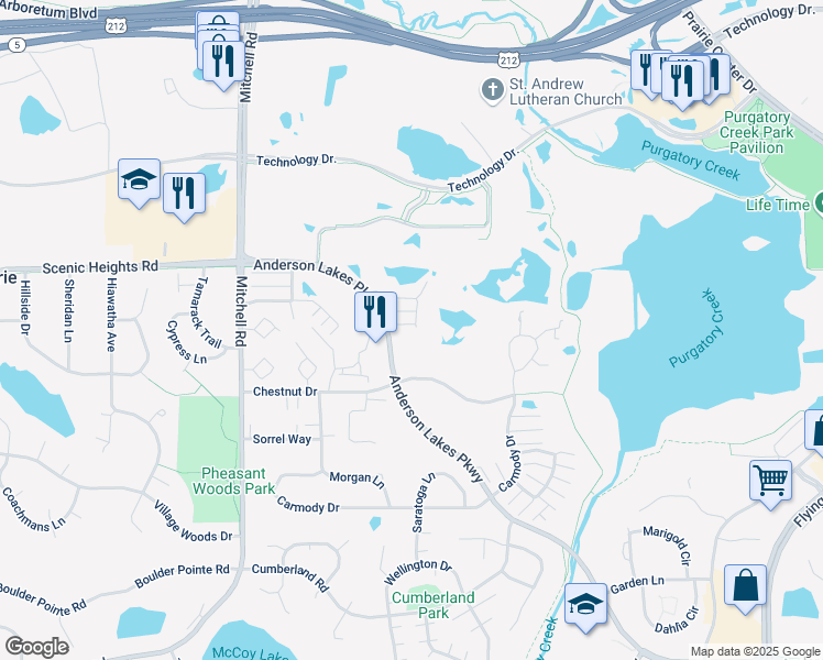 map of restaurants, bars, coffee shops, grocery stores, and more near 13905 Chestnut Drive in Eden Prairie