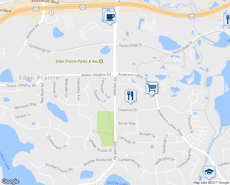 map of restaurants, bars, coffee shops, grocery stores, and more near 8313 Mitchell Road in Eden Prairie