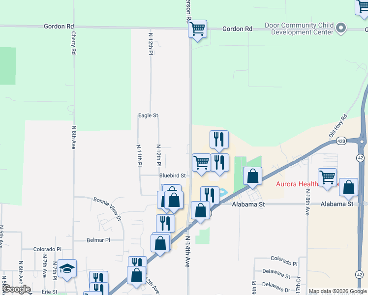 map of restaurants, bars, coffee shops, grocery stores, and more near 1341 North 14th Avenue in Sturgeon Bay
