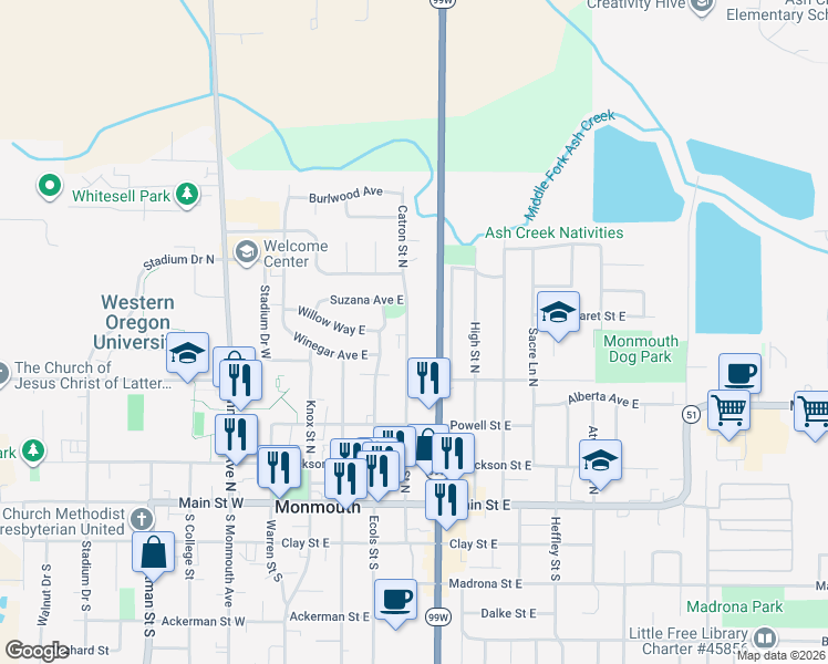map of restaurants, bars, coffee shops, grocery stores, and more near 515 Catron Street North in Monmouth