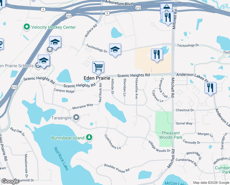 map of restaurants, bars, coffee shops, grocery stores, and more near 15010 Hillside Drive in Eden Prairie
