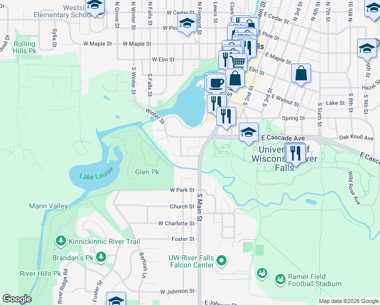 map of restaurants, bars, coffee shops, grocery stores, and more near 600 South Main Street in River Falls