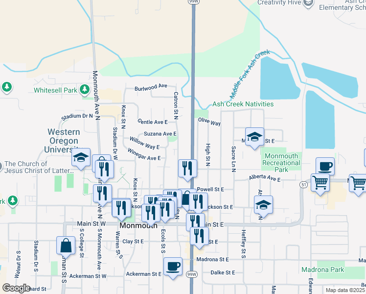 map of restaurants, bars, coffee shops, grocery stores, and more near 501 Catron Street North in Monmouth