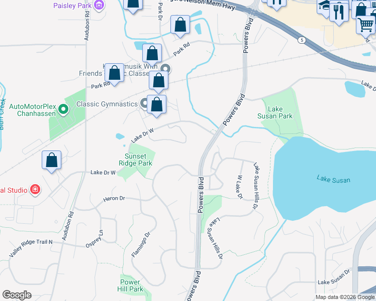 map of restaurants, bars, coffee shops, grocery stores, and more near 1331 Lake Drive West in Chanhassen