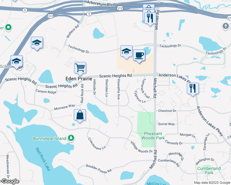 map of restaurants, bars, coffee shops, grocery stores, and more near 8307 Hiawatha Avenue in Eden Prairie