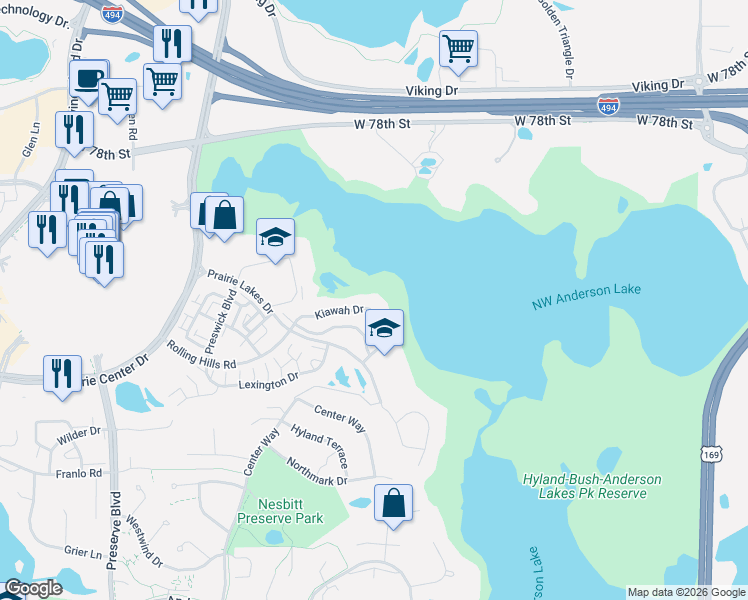 map of restaurants, bars, coffee shops, grocery stores, and more near 10698 Kiawah Drive in Eden Prairie