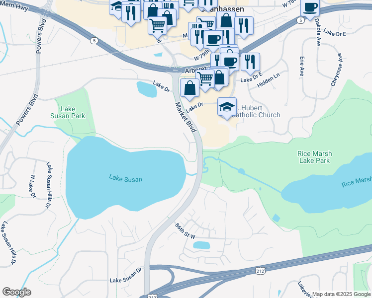 map of restaurants, bars, coffee shops, grocery stores, and more near 8260 Market Boulevard in Chanhassen