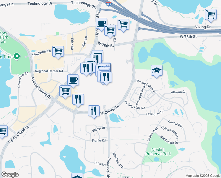 map of restaurants, bars, coffee shops, grocery stores, and more near 450 Prairie Center Drive in Eden Prairie