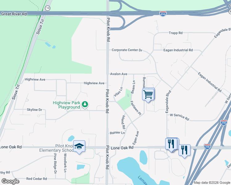 map of restaurants, bars, coffee shops, grocery stores, and more near 2860 Pilot Knob Road in Eagan