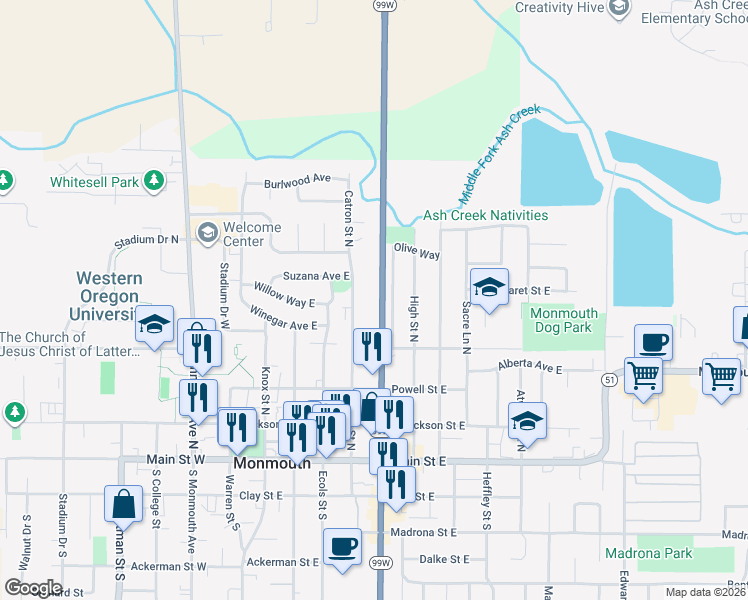 map of restaurants, bars, coffee shops, grocery stores, and more near 501 Catron Street North in Monmouth