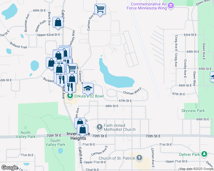 map of restaurants, bars, coffee shops, grocery stores, and more near 3281 Cloman Way East in Inver Grove Heights