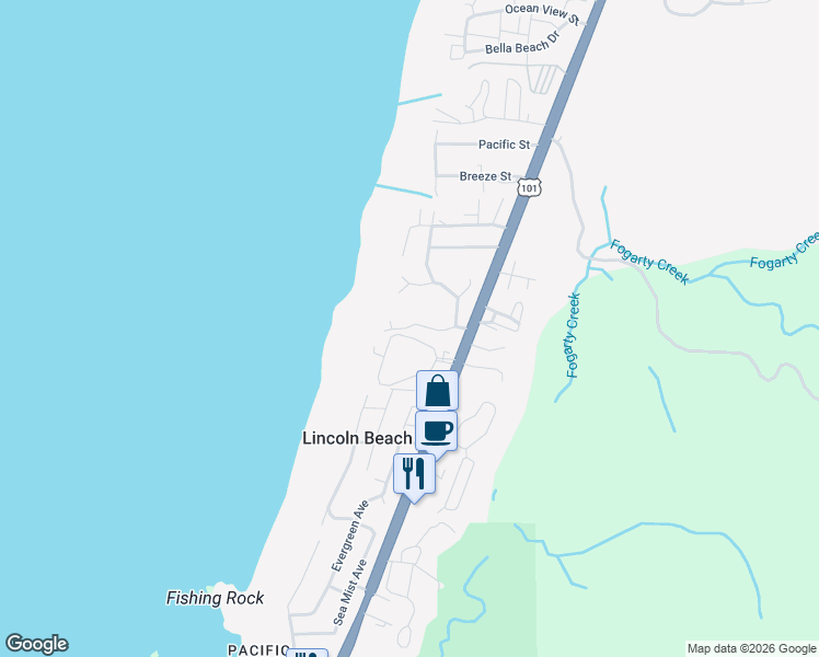 map of restaurants, bars, coffee shops, grocery stores, and more near 130 Wakash Street in Depoe Bay