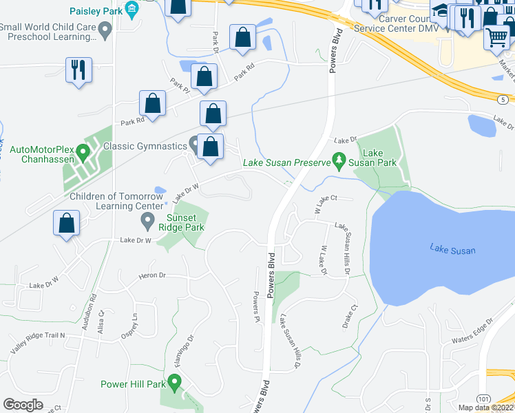 map of restaurants, bars, coffee shops, grocery stores, and more near 1331 Lake Drive West in Chanhassen
