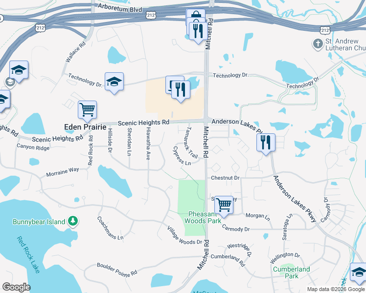 map of restaurants, bars, coffee shops, grocery stores, and more near 8251 Cypress Lane in Eden Prairie