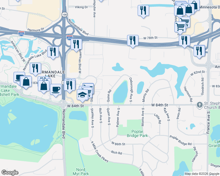 map of restaurants, bars, coffee shops, grocery stores, and more near 8313 Quinn Road in Minneapolis