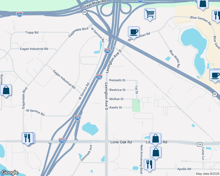 map of restaurants, bars, coffee shops, grocery stores, and more near 2850 Lexington Avenue South in Eagan